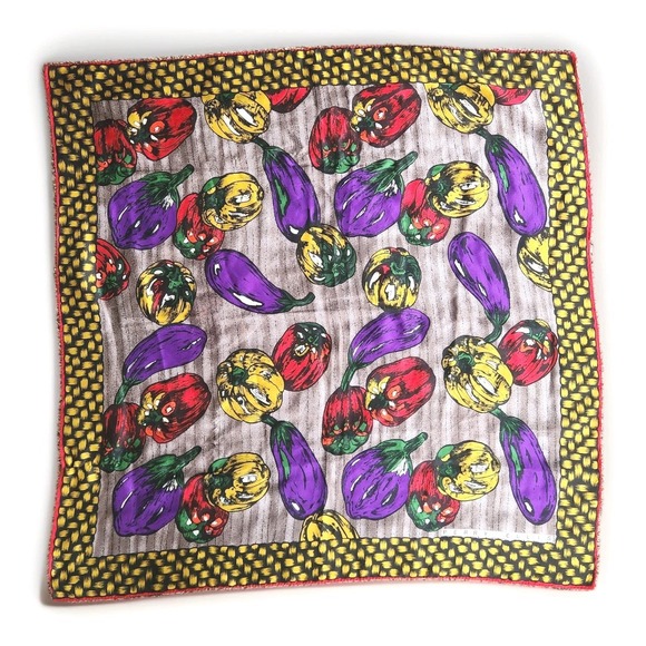 Vintage Perry Ellis Silk Scarf Eggplant Peppers Vegetable Hand Rolled Square - Picture 1 of 6